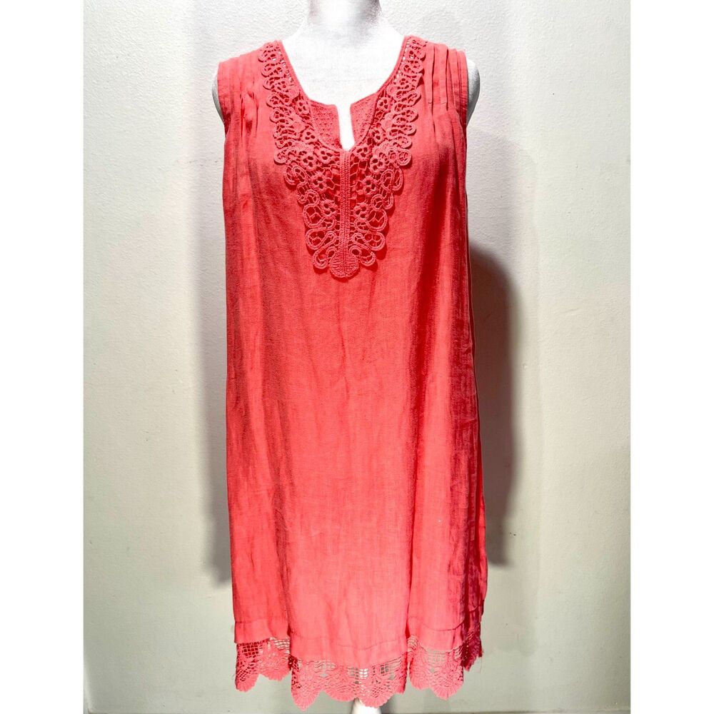 Carla Conti linen dress Italy made peach salmon resort art to wear women's M